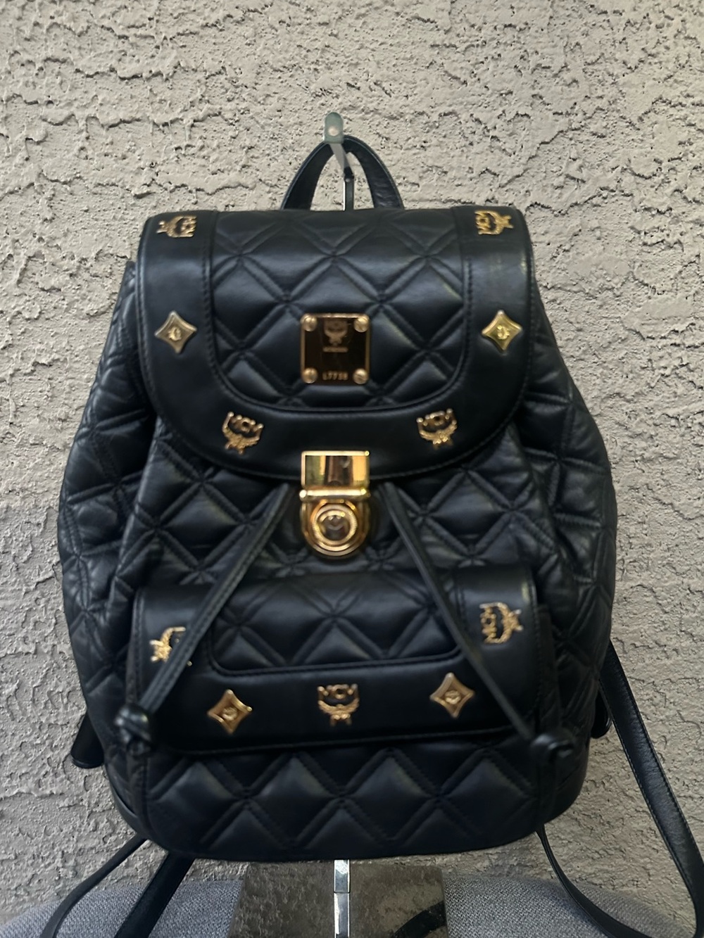 MCM Black Quilted Leather Backpack with Gold Hardware - small size